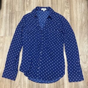 Express Portofino Shirt Nautical w/Anchors Button Up Roll Tab Blouse Small Blue